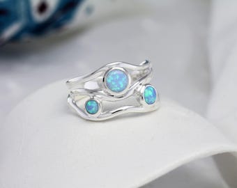 Opal Ring, Handmade Three Blue Fire Opal Gemstone Ring, Statement Ring, Ocean Lover Jewellery, Coastal Style, October Birthstone