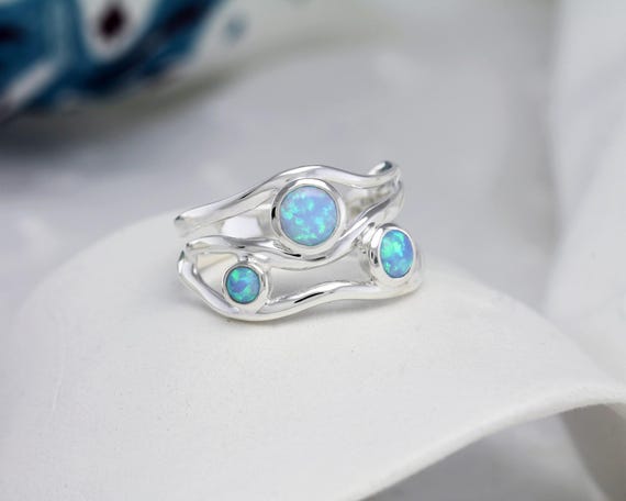 Handmade Sterling Silver Three Blue Opal Ring: Coastal Jewelry