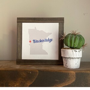 May include: A framed print of the state of Minnesota with a red star marking the location of Breckenridge. The print is displayed on a wooden shelf next to a small potted cactus.