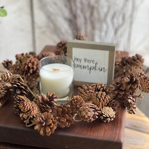 May include: A wooden cutting board with a brown pine cone garland and a white candle in a glass jar. A small wooden sign with the text "Hey there pumpkin" is in the center of the arrangement.