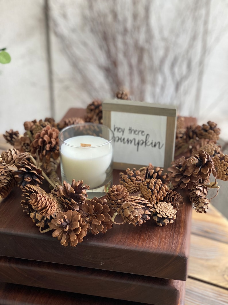 May include: A wooden cutting board with a brown pine cone garland and a white candle in a glass jar. A small wooden sign with the text "Hey there pumpkin" is in the center of the arrangement.