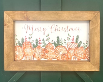 Panneau en bois Joyeux Noël, décoration de biscuits de vacances, panneau de biscuit de pain d'épice, panneau de cuisine d'hiver, décoration de manteau de cheminée de vacances, panneau de cheminée de Noël