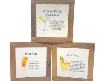Cocktail Ingredient Sign, Bar Cart Decor, Mimosa Wood Sign, Lemon Drop Martini Recipe, Wedding Decor, Housewarming Gift, Mai Tai Decor