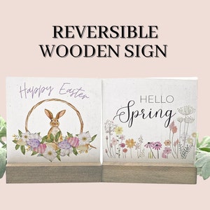 REVERSIBLE Spring Sign, Happy Easter Sign, Bunny Home Decor, Hello Spring Wood Sign, Spring Tiered Tray, Spring Gift Box, Bog Road Designs