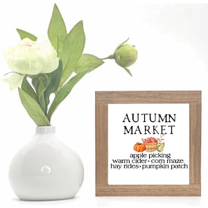 May include: A framed sign with the text "AUTUMN MARKET" and the words "apple picking, warm cider, corn maze, hay rides, pumpkin patch". The sign is in a rustic wooden frame and has a watercolor illustration of pumpkins and apples.