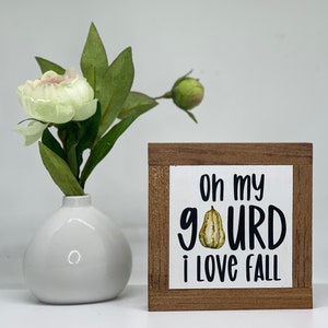 May include: A wooden sign with a white background and the text "Oh my gourd I love fall" in black lettering. A small, green and yellow gourd is depicted in the text. The sign is framed in a brown wood frame.