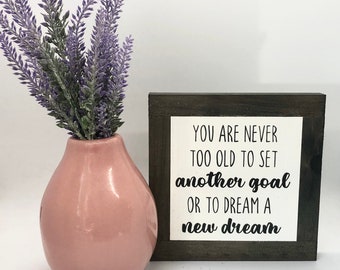 Never Too Old Sign, New Career Gift, Pursue Dreams Sign, Encouraging Gift, Dreamer Wood Sign, Mindset Desk Decor, Inspirational Home Decor