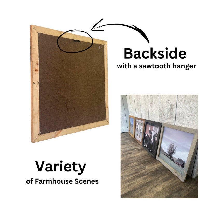 K&ouml;nnte beinhalten: Ein gerahmter Druck mit verschiedenen Farmhaus-Szenen. Die R&uuml;ckseite des Rahmens hat einen S&auml;gezahn-Aufh&auml;nger. Der Druck wird auf einem Holzboden mit anderen gerahmten Drucken angezeigt.