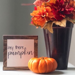May include: A wooden sign with the text "Hey there pumpkin" in black script. The sign is sitting on a table with a small orange pumpkin in front of it. A vase of fall-colored flowers is in the background.
