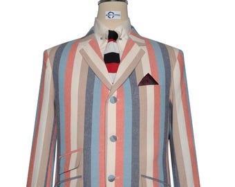 Striped Linen Cotton Boating Blazer - Orange Sky Blue Navy