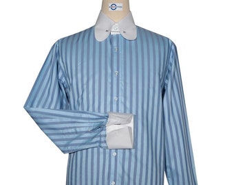 Modshopping Penny Collar Shirt: Sky Blue Navy Stripe, 60s Style