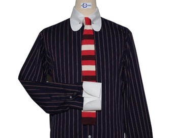 Penny Pin Collar Shirt - Dark Navy Blue, White and Burgundy Stripe Shirt