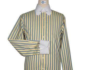 Mens Penny Pin Collar Shirt: Yellow & Navy Stripe, Mod Style