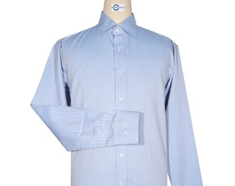 Blue Herringbone Spread Collar Shirt - 100% Cotton 1960s Style