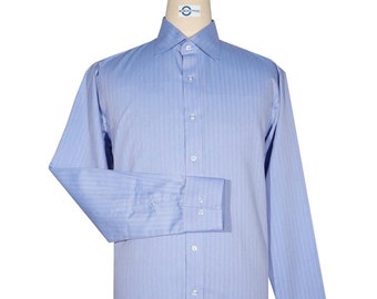 Royal Blue Herringbone Shirt - 1960s Style Cotton Spread Collar