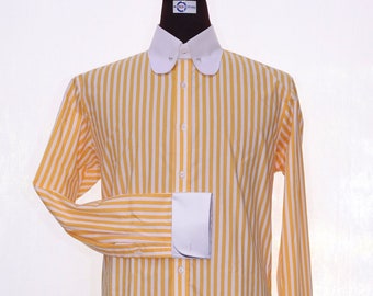 May include: A yellow and white striped long-sleeve dress shirt with a white collar and cuffs. The collar has a button detail.