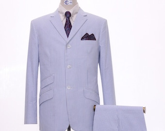 Men Seersucker Suit Tailored 3 Button Mod Suit