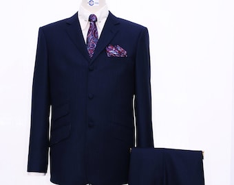 Tailored Dark Navy Blue Wool Blend Suit: 60s Mod Style