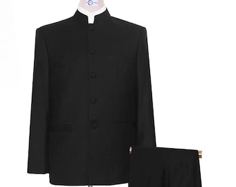 Black Wool Blend Nehru Suit: 5-Button Jacket