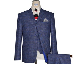 Linen Suit - Navy Blue Prince of Wales Check 3 Piece Suit