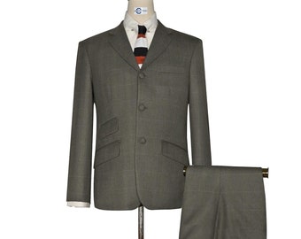Olive Green Herringbone and Brown Windowpane Check Suit
