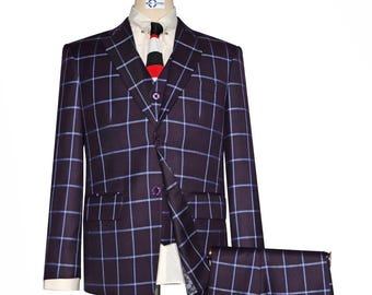 3 Piece Suit - Purple and Sky Blue Windowpane Check Suit