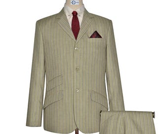 Linen Cotton Striped Suit: Khaki and Blue Tailored Fit