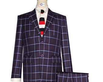 3 Piece Suit - Purple and Sky Blue Windowpane Check Suit