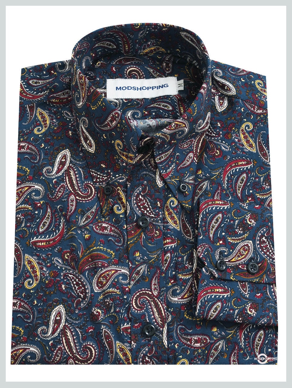 Image of Paisley Shirt | 60S Mod Style Navy Blue Mens Pattern