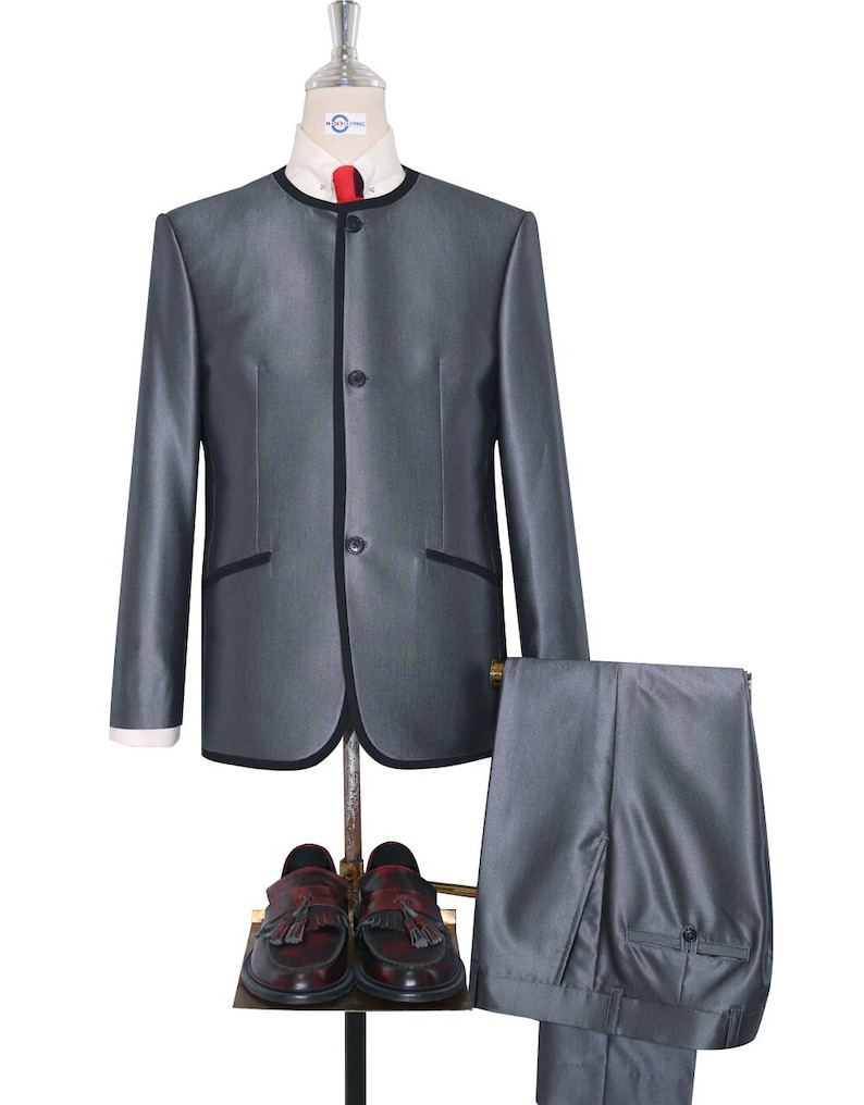 Men’s Vintage Style Suits, Classic Suits     Tonic Suits | Silver Tonic Beatles Collarless Suit  AT vintagedancer.com