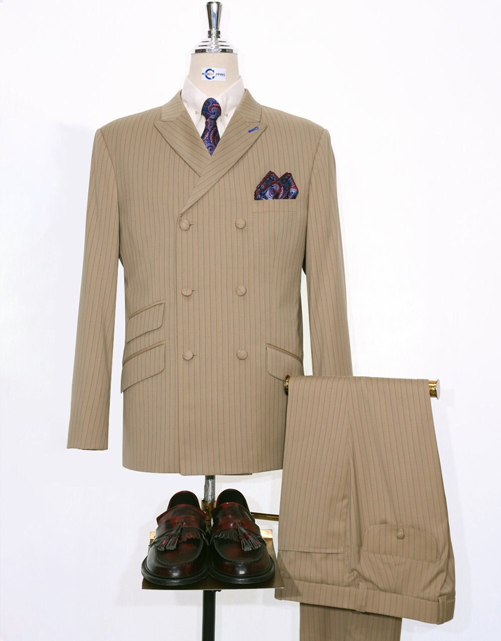 Double Breasted Suits Khaki With Blue 