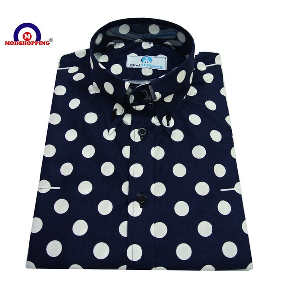 white shirt with navy polka dots