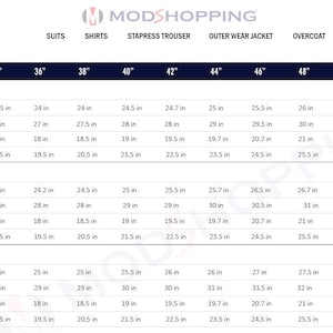 May include: Size guide chart for suit jackets, showing measurements in inches for sleeve length, jacket length, across the shoulder, and jacket pit to pit. The chart includes sizes from 34 inches to 52 inches in chest size, and three different lengths: short, regular, and long.