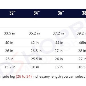 May include: A chart showing suit trouser measurements in inches for different waist sizes, ranging from 28 inches to 44 inches. The chart includes measurements for waist, hips, crotch, thigh, cuff, and inside leg.