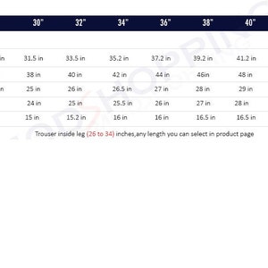 May include: A chart showing suit trouser measurements in inches for different waist sizes, ranging from 28 to 44 inches. The chart includes measurements for waist, hips, crotch, thigh, cuff, and inside leg.