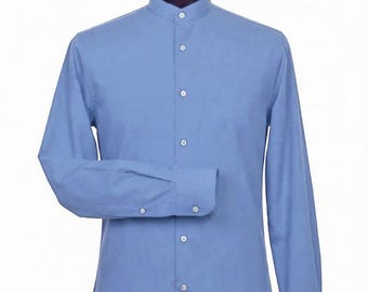 Vintage Style Sky Blue Mandarin Collar Shirt - Men's Cotton Fitted Shirt
