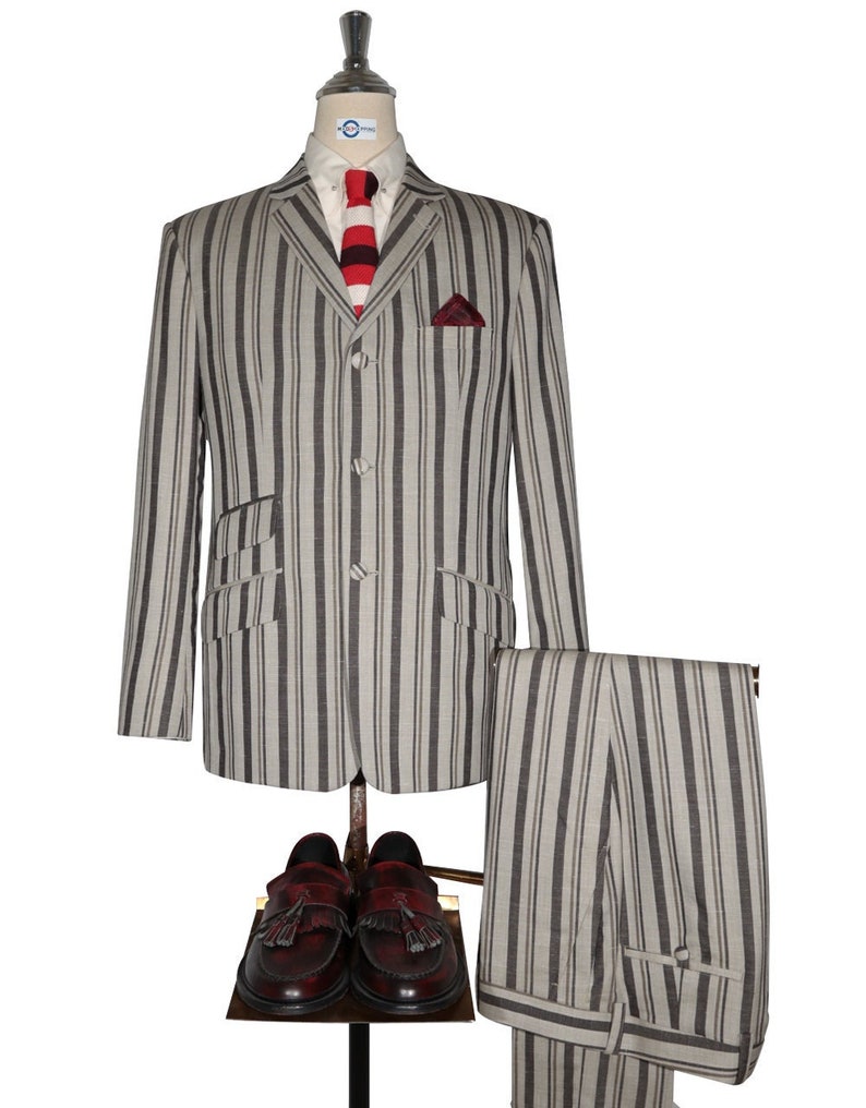 1900s Edwardian Men’s Suits and Coats     Linen Suit - Brown and Grey Striped Suit  AT vintagedancer.com