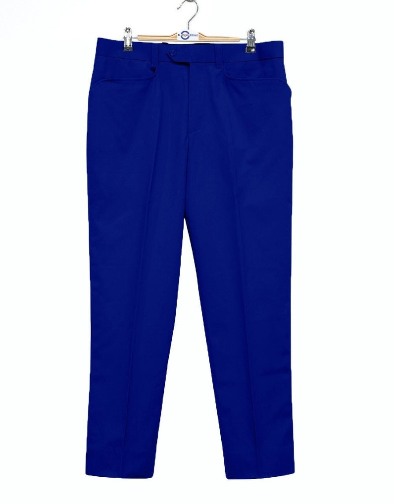 May include: A pair of royal blue dress pants with a straight leg fit.