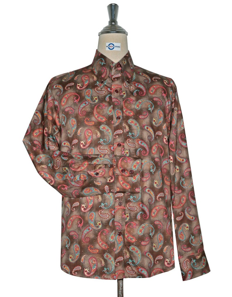 1960s Mens Shirts | 60s Mod Shirts, Hippie Shirts     Paisley Shirt - 60s  Style Brown Paisley Shirt  AT vintagedancer.com