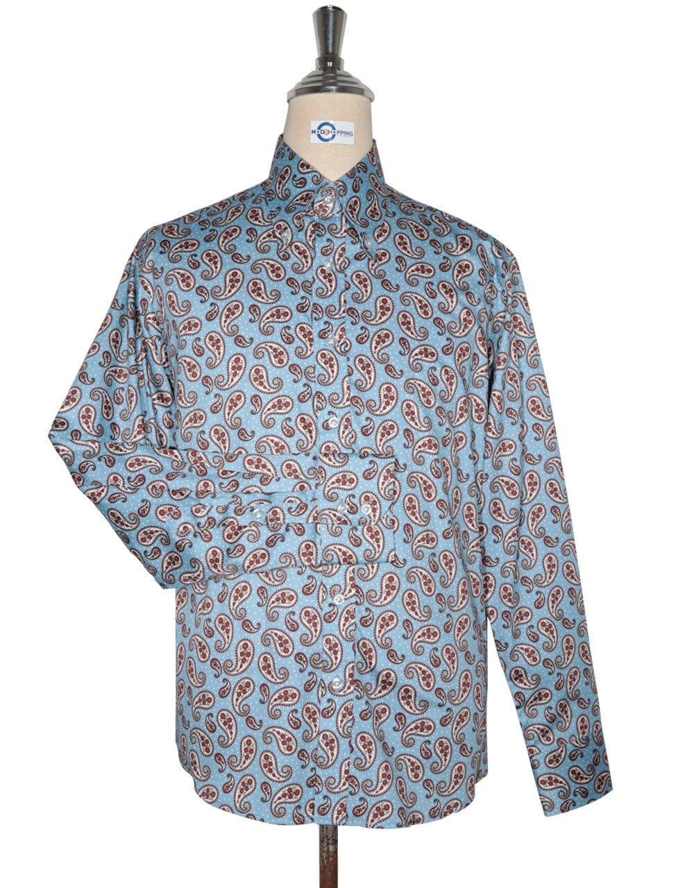 60年代風ペイズリー柄シャツ - スカイブルーフローラルコットンシャツ