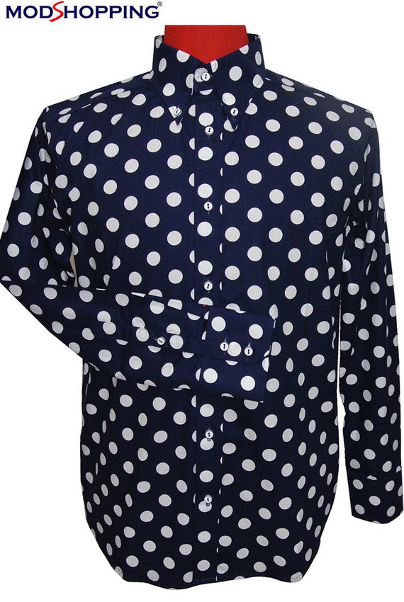 navy blue dress shirt with white polka dots