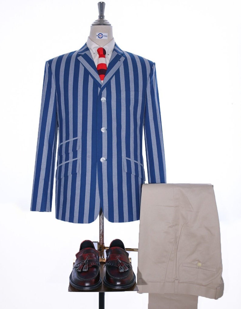 1960s Men’s Outfit Inspiration | Clothing Ideas     Boating Blazer | Navy Blue and Grey Striped Blazer  AT vintagedancer.com