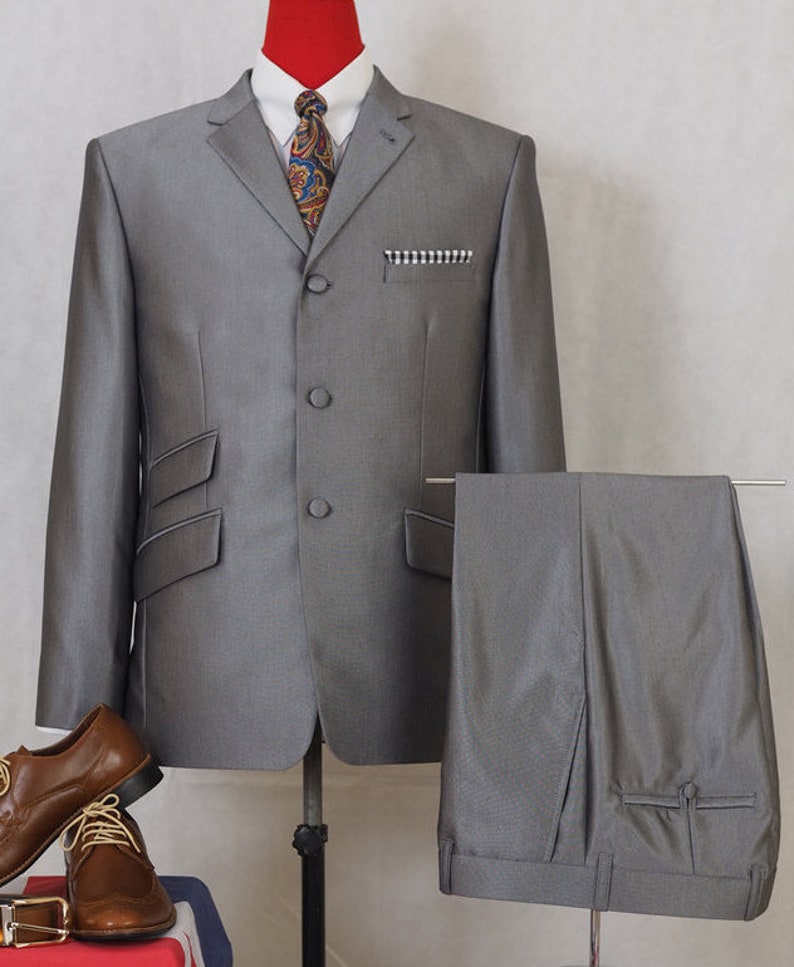 Vintage Style Menswear UK 1920s, 1930s, 1940s, 1950s, 1960s, 1970s Mod Clothing | Mod Fashion Tailored 60s Silver Tonic Suit For Men $290.54 AT vintagedancer.com