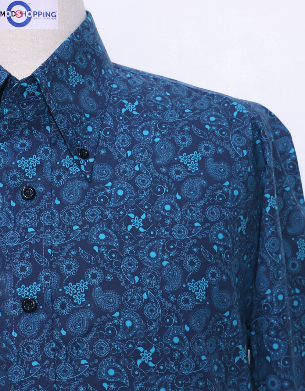 60年代風ペイズリー柄シャツ：ネイビーブルーのコットンメンズシャツ
