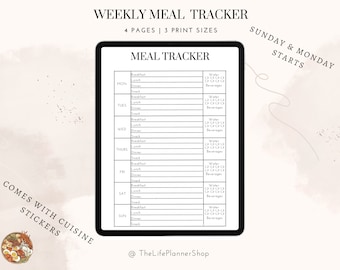 Rastreador de comidas semanal minimalista/ Inicios de domingo y lunes/ Compatible con buenas notas