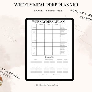 May include: A printable weekly meal planner with a grocery list. The planner is designed to start on Sunday and Monday. It includes sections for breakfast, lunch, and dinner for each day of the week. The planner also includes a grocery list with categories for dairy, meat/protein, seasonings & sauces, grains/starches, fruits & vegetables, drinks, frozen/canned, and miscellaneous.