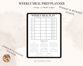 Planificador de preparación semanal minimalista/ Inicios de domingo y lunes/ 3 tamaños/ Buenas notas