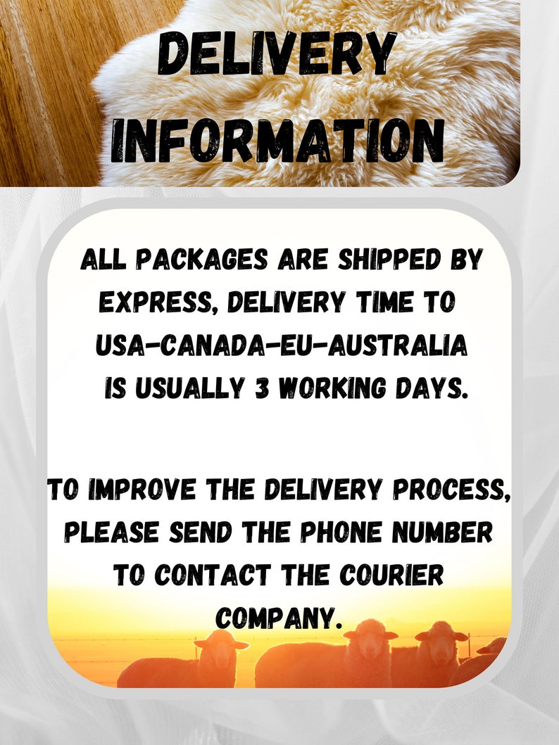 May include: Image with the text "DELIVERY INFORMATION". The text is above a white and beige fluffy surface. Below the text is a white box with text that reads "ALL PACKAGES ARE SHIPPED BY EXPRESS, DELIVERY TIME TO USA-CANADA-EU-AUSTRALIA IS USUALLY 3 WORKING DAYS."