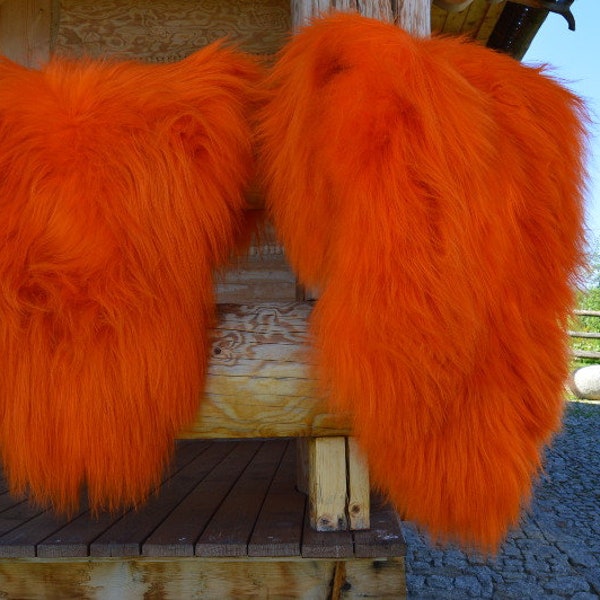 Orange Icelandic Dyed Genuine Sheepskin Lambskin Sheep skin rug pelt long wool soft throw, schaffell, Hygge