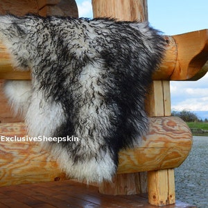 Curly Icelandic White-Black Genuine Sheepskin Lambskin Sheep skin rug pelt long wool soft throw, schaffell, Hygge